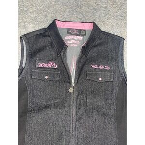 WOMEN'S MOTORCYCLE WHOLE LOTTA LOVE DENIM SLEEVELESS ZIPPERED EMBROIDERED XL‎